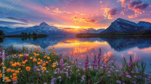 A symphony of color as the sunset paints the sky above a mountain lake, with wildflowers adorning the tranquil water's edge.