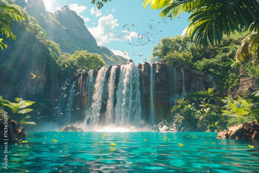 A hidden waterfall cascades into a crystal-clear pool, surrounded by the rich greenery of a tropical jungle, while birds soar in the bright blue sky. - obrazy, fototapety, plakaty 