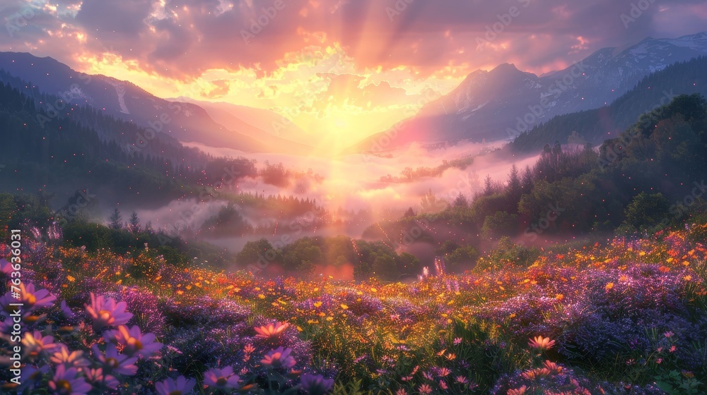 A serene meadow of wildflowers is enveloped in the soft mist of an early morning sunrise, with the distant mountains casting a majestic backdrop. - obrazy, fototapety, plakaty 