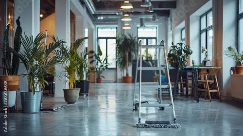 Specialized cleaning of a coworking space using a mop, with a folding stepladder nearby, illustrating the care taken in maintaining shared environments photo