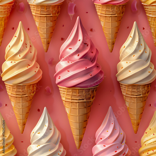 Cream Ice in Cornet with Rainbow Sprinkles on pink Background as a Seamless Pattern Design for Backgrounds, Wallpapers, Textile, and Gift Wrap