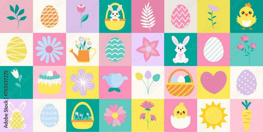 Easter geometric pattern with icon elements. Rabbit, flower, chicken, egg, basket. Vector flat design for poster, card, wallpaper, placard, banner, packaging. Bauhaus.