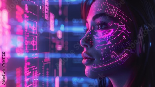 Cyberpunk-inspired customer service concept with holographic displays, AI assistants, and neon interface elements