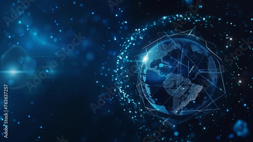 Digital background with blue globe and technology elements, representing global connectivity and innovation