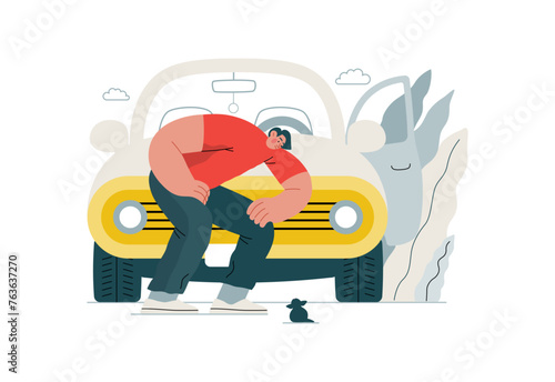 Mutual Support: Adopting a stray animal -modern flat vector concept illustration of man stopping his car for a kitten on the road A metaphor of voluntary, collaborative exchanges of resource, services