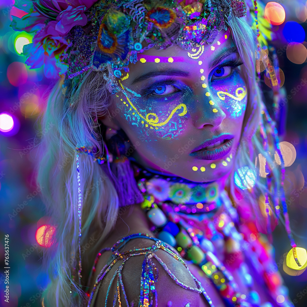 raver girl neon make up close up at the festival