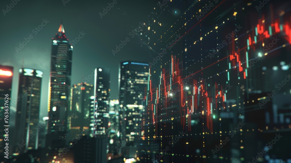 Stock Market Graph in urban skyline, stock trading. 3d illustration