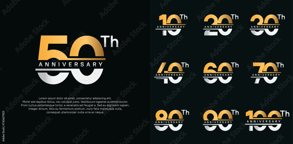 anniversary vector set design with gold and silver color for celebration day