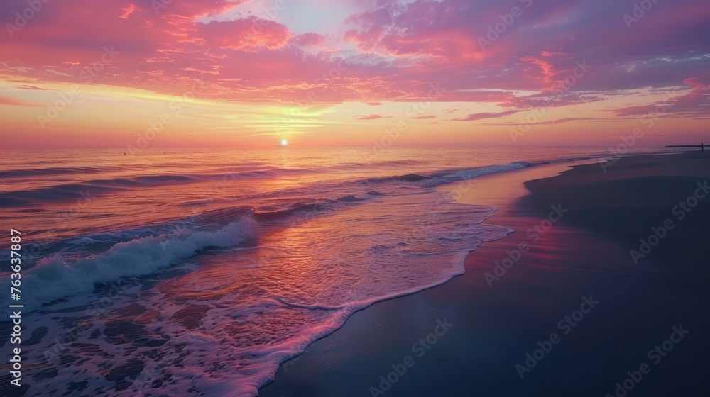 The sun sets over a tranquil beach, casting the sky in brilliant shades of orange, pink, and purple. 