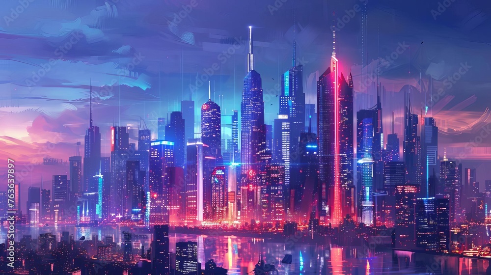 Futuristic Cyberpunk City Skyline at Night, Glowing Neon Lights, Dystopian Atmosphere, Digital Painting Futuristic Cyberpunk City Skyline at Night, Glowing Neon Lights, Dystopian Atmosphere, Digital Painting