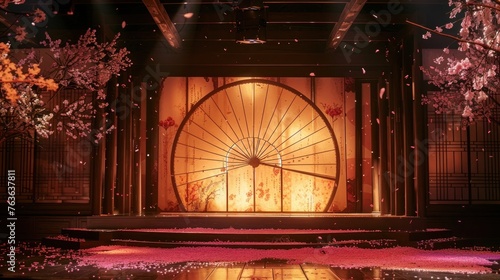 The stage incorporates elements of Kunqu opera, with a huge peach blossom fan on the stage,  photo