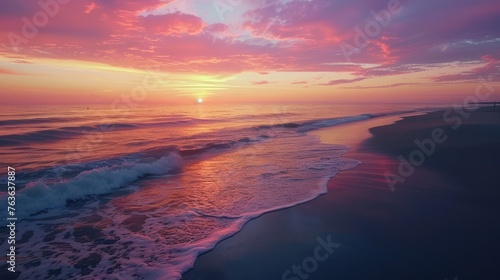 The sun sets over a tranquil beach, casting the sky in brilliant shades of orange, pink, and purple.  © Chhayny