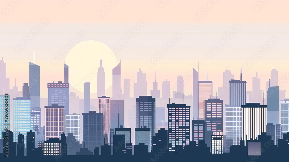 Minimalist vector illustration of a modern cityscape skyline, with clean lines, geometric shapes, and a monochromatic color palette