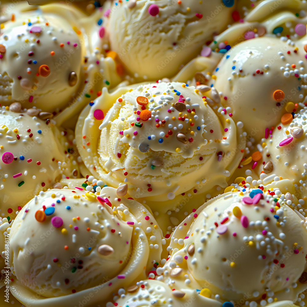 Lemon Cream Ice Cream with Rainbow Sprinkles Seamless Pattern Design for Backgrounds, Wallpapers, Textile, and Gift Wrap Lemon Cream Ice Cream with Rainbow Sprinkles Seamless Pattern Design for Backgrounds, Wallpapers, Textile, and Gift Wrap