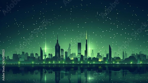 Modern City Skyline at Night with Saudi Arabia Flag, Vector Illustration