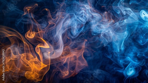 Mysterious Layers of Blue and Orange Smoke Creating Abstract Fluid Shapes