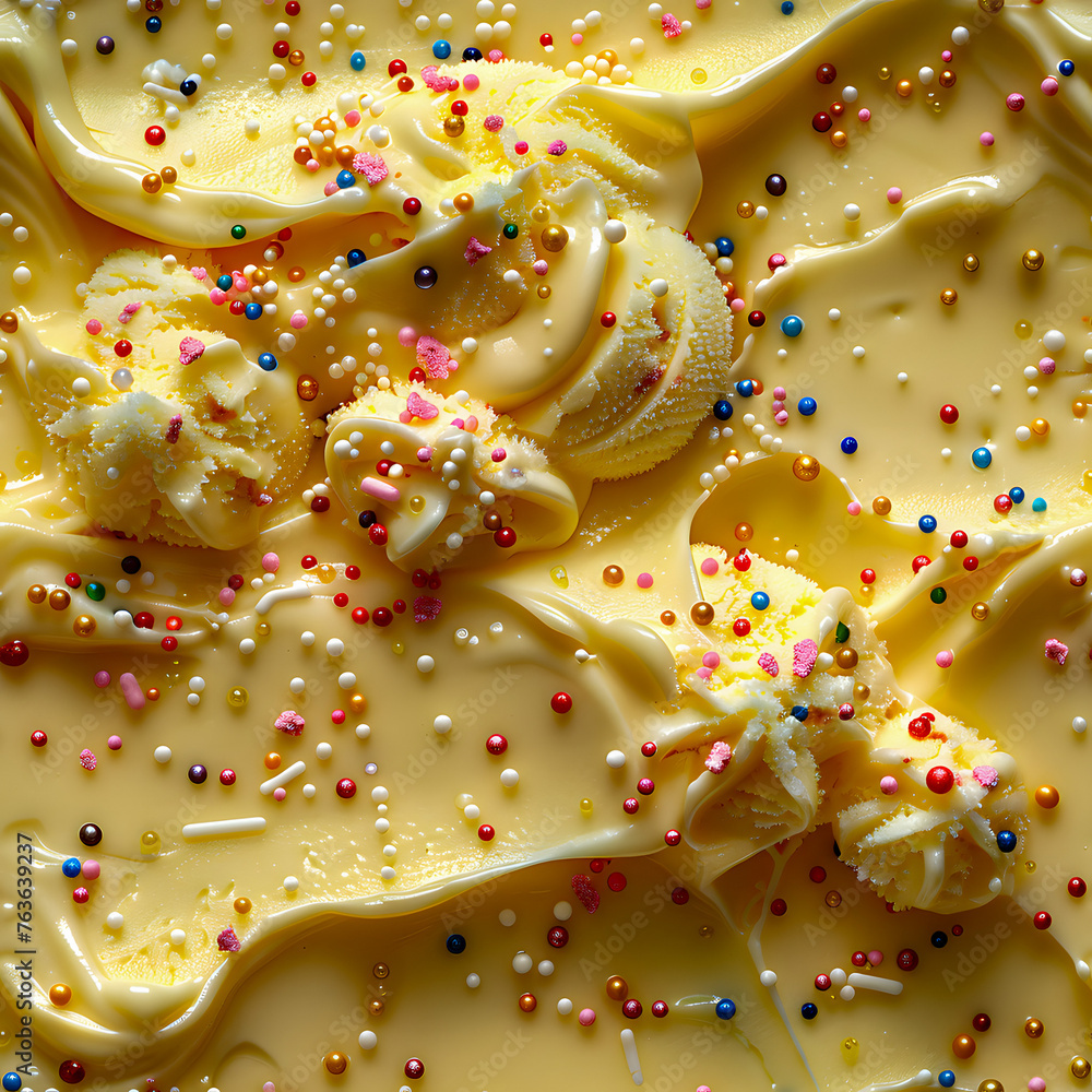Lemon Cream Ice Cream with Rainbow Sprinkles Seamless Pattern Design for Backgrounds, Wallpapers, Textile, and Gift Wrap Lemon Cream Ice Cream with Rainbow Sprinkles Seamless Pattern Design for Backgrounds, Wallpapers, Textile, and Gift Wrap