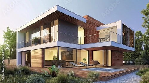 Sustainable modern house with solar panels and heat pump, 3D illustration