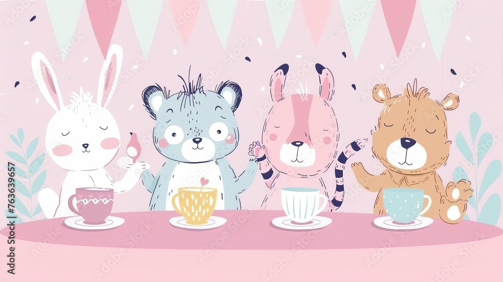 Whimsical Cartoon Animals Having a Tea Party, Cute Anthropomorphic Characters, Pastel Colors, Digital Illustration