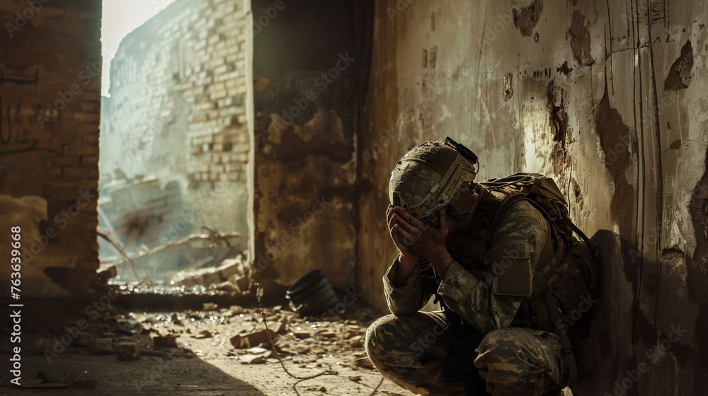 A soldier crying, holding their head in despair.