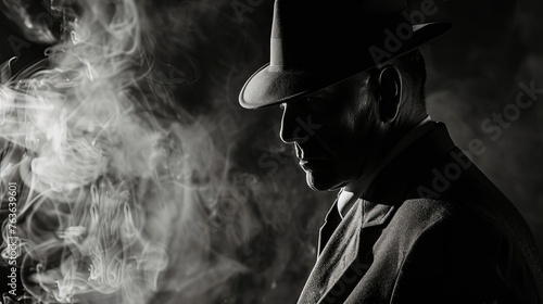 Vintage Detective or Mafia Character in Hat on Dramatic Black and White Background