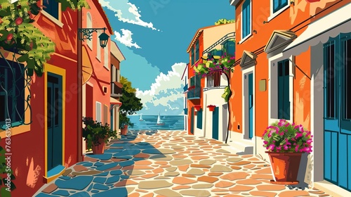 Vintage-inspired travel poster featuring a charming Mediterranean town with cobblestone streets and colorful houses
