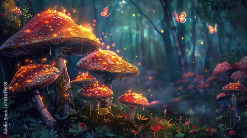 Whimsical Fairy Garden, Enchanted Toadstools, Glowing Fireflies, Dreamy Colors, Children's Book Style, Digital Painting