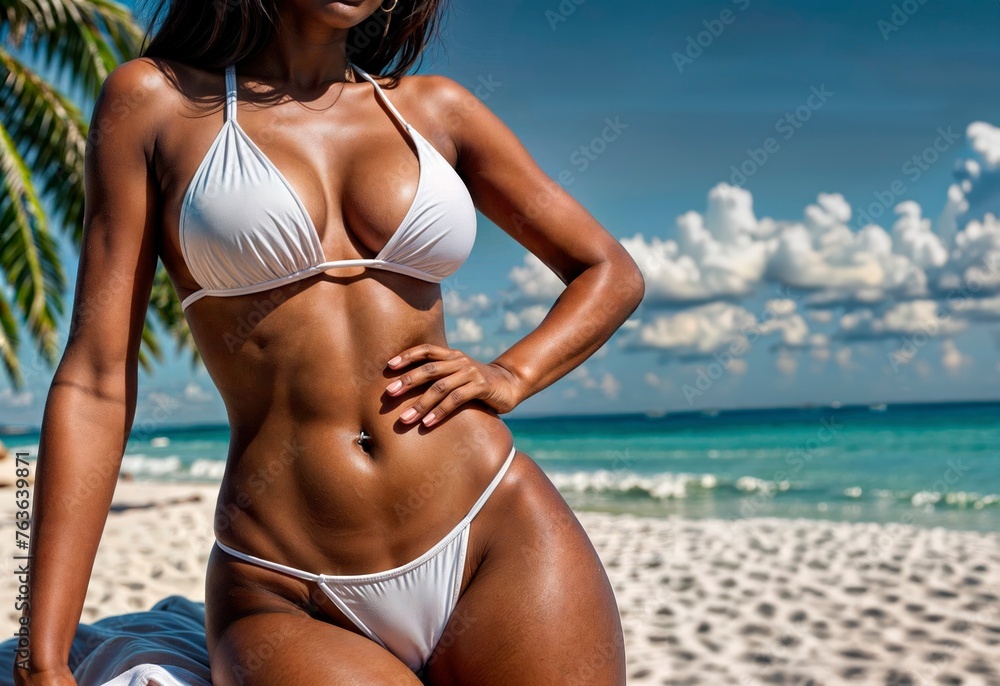 Fototapeta premium Summer Bikini Body: Woman Showing a Flat Belly, Good Physical Health, and Summer Body in Bikini at the Beach.