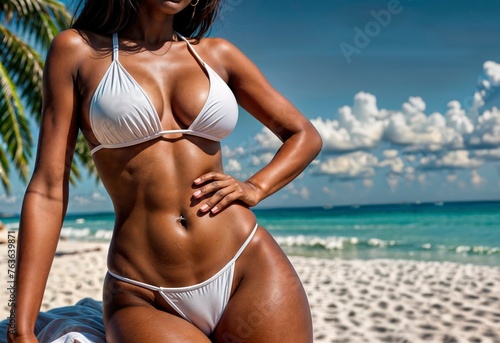 Summer Bikini Body: Woman Showing a Flat Belly, Good Physical Health, and Summer Body in Bikini at the Beach.