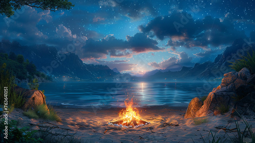 A cozy beach bonfire crackling under the starry sky, marshmallows roasting and laughter filling the air, capturing the magic of summer nights
