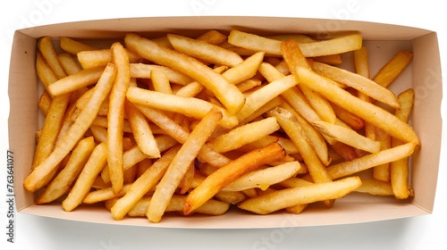 French fries in a box top view isolated on white background photo