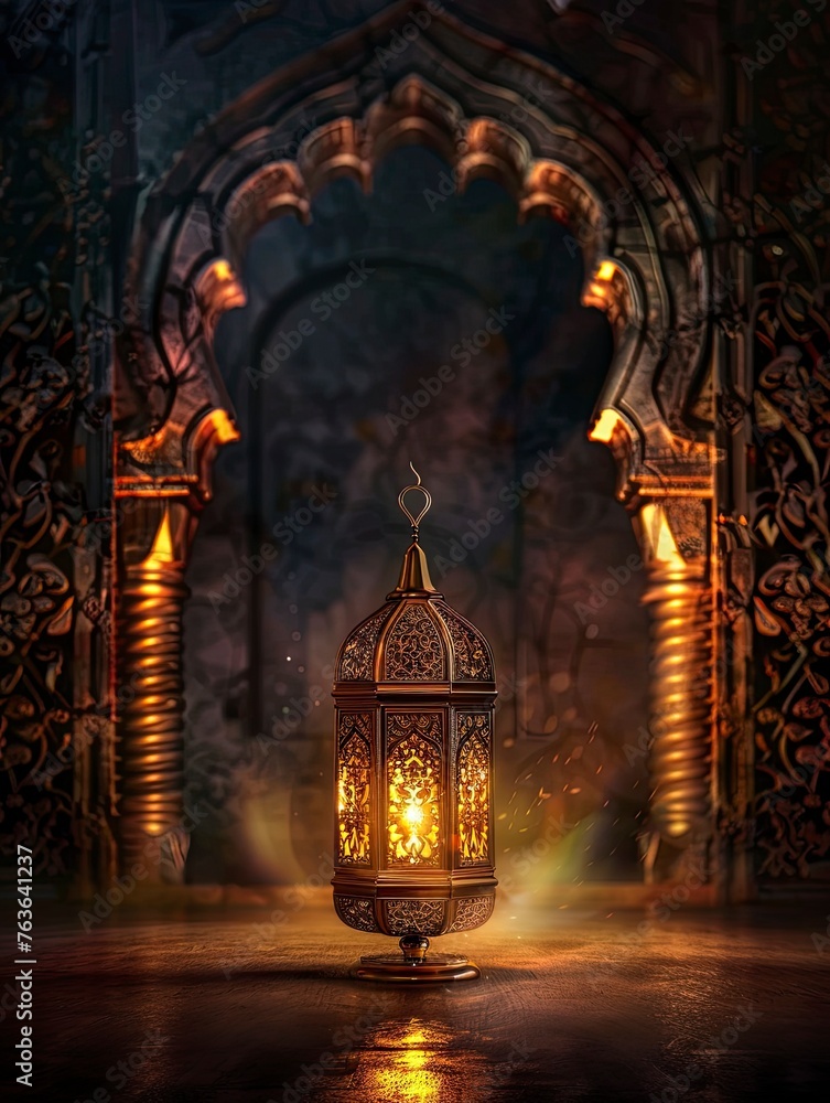 photo ramadan kareem eid mubarak royal elegant lamp with mosque entry holy gate and copy space - generative ai