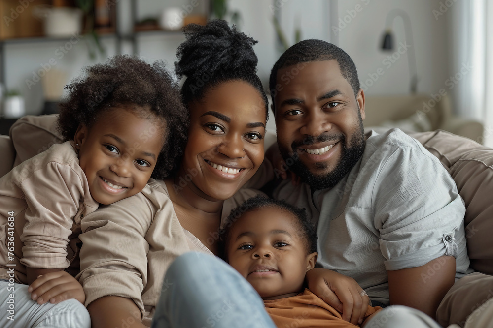 Portrait of black family with kids relax on couch