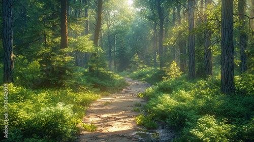 A scenic hiking trail winding through lush forest, dappled sunlight filtering through the canopy, beckoning adventurers to explore the wonders of nature in summertime