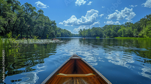 A serene lake reflecting the clear blue sky above, kayaks and paddleboards gliding across its glassy surface, offering a tranquil escape from the summer heat © rai stone