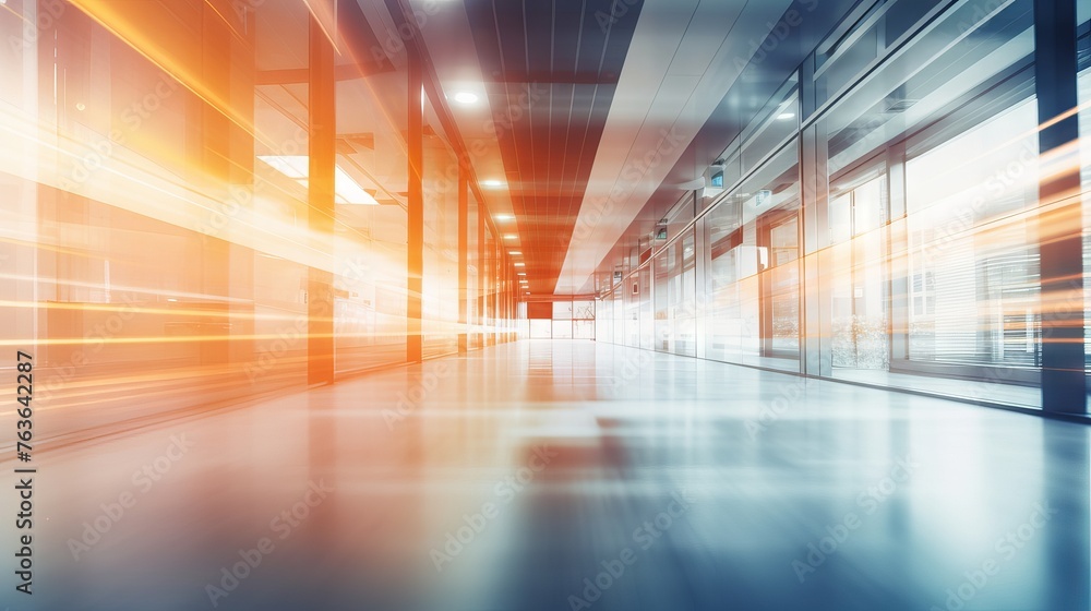 Dynamic blurred office hall interior: abstract background for business concept

