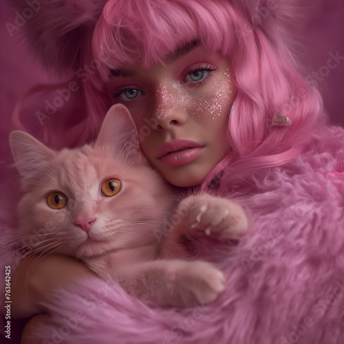 pink haired girl with her pinky cat portrait © filiz