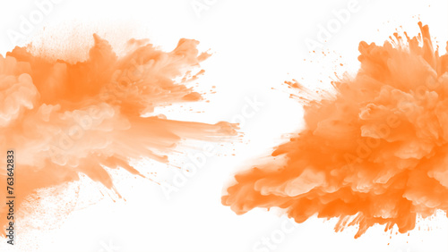 Orange color powder splash on a white background. Orange powder explosion on white background. Rainbow Holi paint color powder explosion with bright colors. 