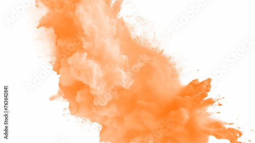 Orange color powder splash on a white background. Orange powder explosion on white background. Rainbow Holi paint color powder explosion with bright colors.  photo