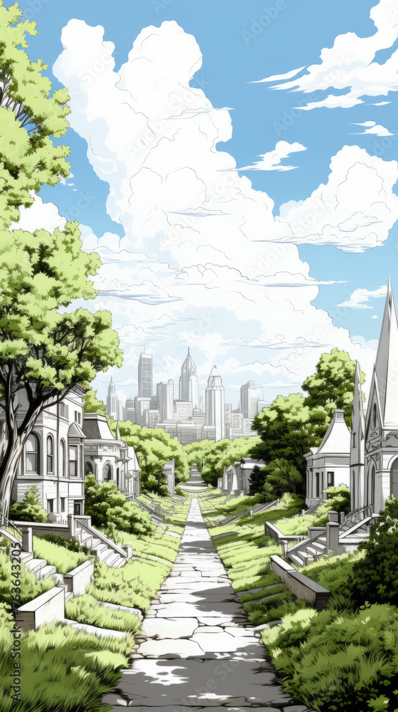 Serene Cemetery Landscape with City Skyline Background
Serene Cemetery Landscape with City Skyline Background