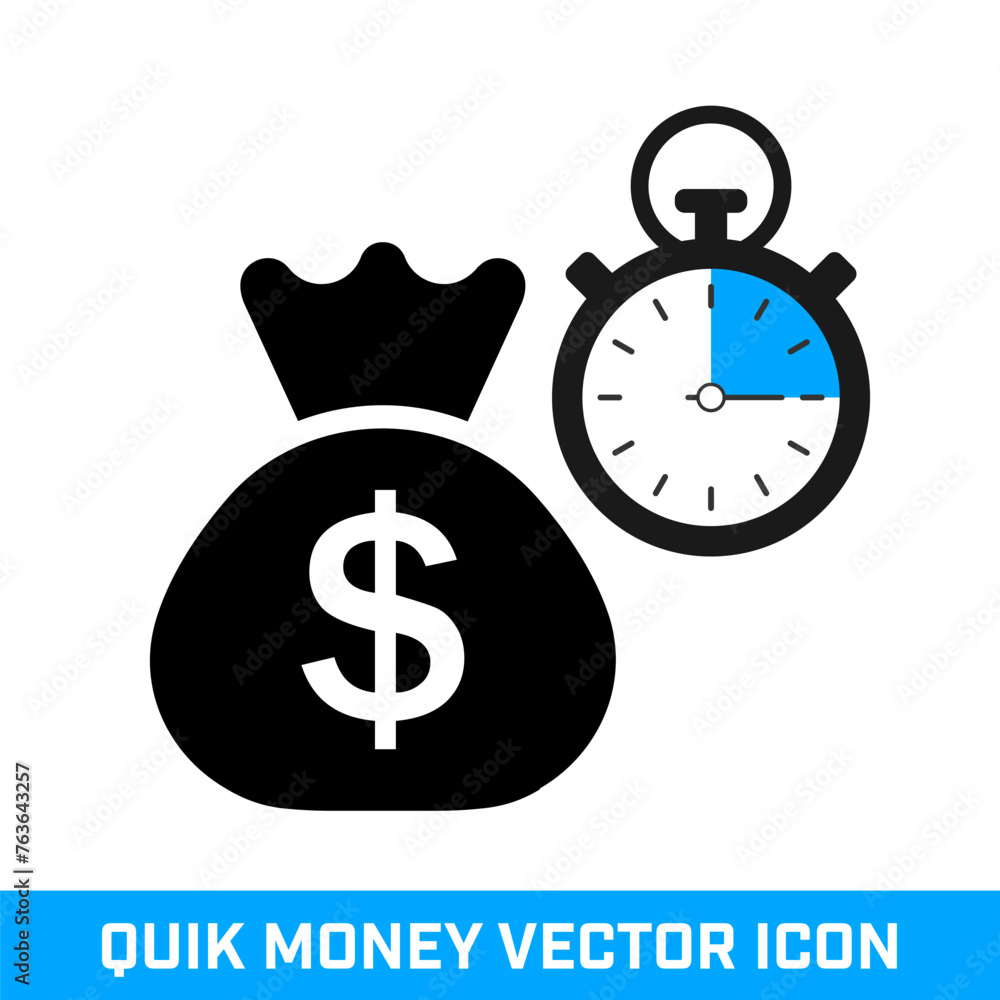 Quick Money Vector Icon. Money Bag with Stopwatch. Isolated on white. Quick Money Vector Icon. Money Bag with Stopwatch. Isolated on white.
