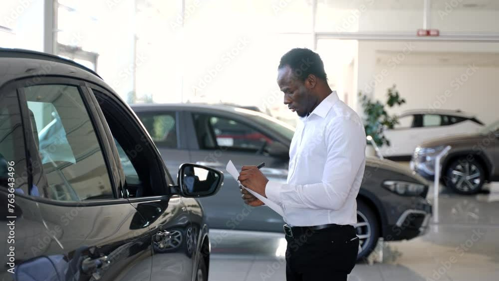 Preparing all info needed. African american salesman manager conducts inventory of new cars. Right hand drive car Preparing all info needed. African american salesman manager conducts inventory of new cars. Right hand drive car