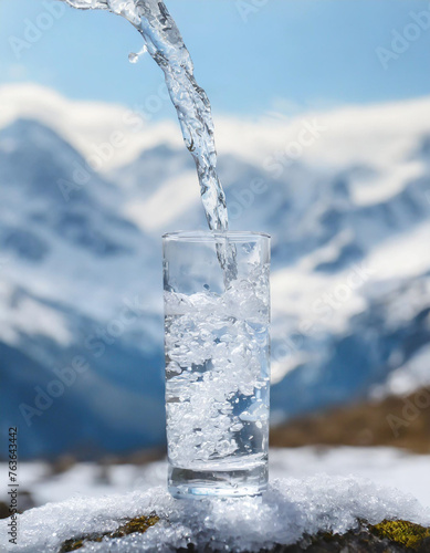 Glass of pouring crystal water against blurred nature snow mountain landscape background. Organic pure natural water.