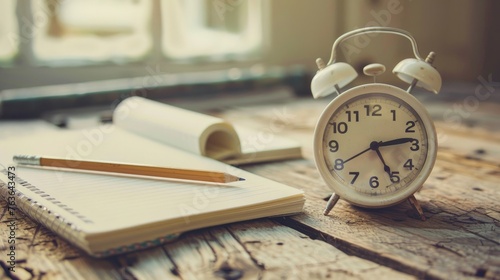 white alarm clock with note book and pencil on wooden table,vintage filter photo