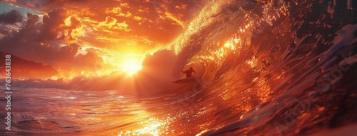 Surfer Riding a Wave at Golden Hour. Man skillfully rides a large wave, with a sunset-lit mountainous backdrop, capturing the essence of adventure and freedom