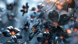 3D rendering of black flowers with orange pistils on a blurred background. The petals of the flowers are glossy and have a wet look.