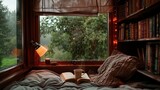 A cozy bedroom with a view of the rain outside. There is a cup of coffee and a book on the bed. The perfect place to relax and unwind.