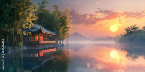 Calm lake in foggy sunset with Asian traditional house and bamboo trees