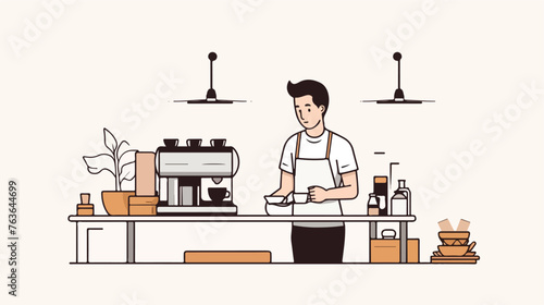 Flat illustration line art minimal a male barista 