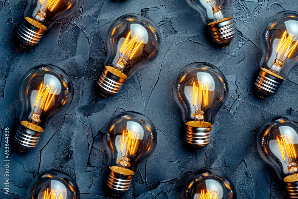 Illuminated LED filament light bulbs, representing idea creation and innovation Illuminated LED filament light bulbs, representing idea creation and innovation